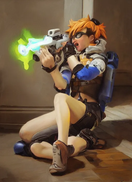 Image similar to oil painting of crying depressed screaming tracer overwatch in the style of sophie anderson, on knees,