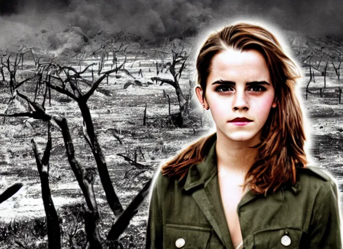 Image similar to emma watson portrait, battle of khe sanh, landscape background burned trees,