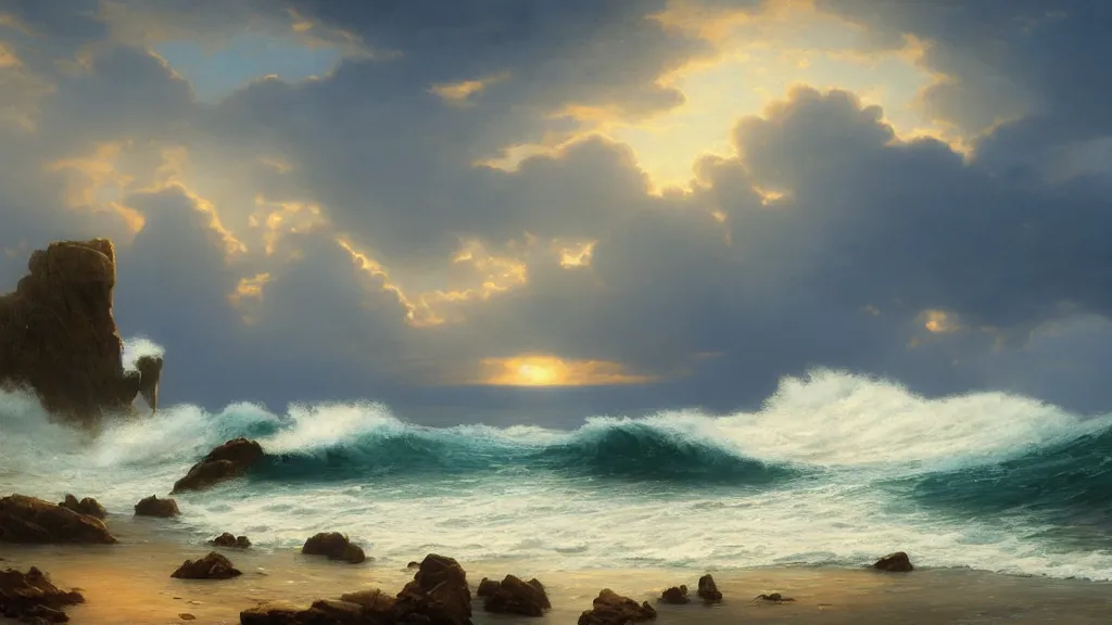 Image similar to first person view of breaking waves on the shore, summer, sunshine through the clouds, sea breeze rises in the air, by andreas rocha and john howe, and Martin Johnson Heade, featured on artstation, featured on behance, golden ratio, ultrawide angle, f32, well composed