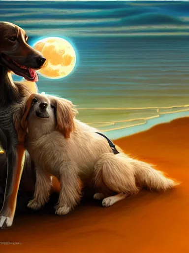 Prompt: two dogs howling at the moon, the ocean in the backgound. intricate, elegant, highly detailed, digital painting, artstation, concept art, sharp focus, illustration, by justin gerard and artgerm, 8 k