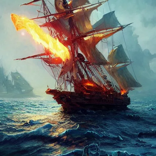 Image similar to !! pirate ship on fire!! d & d fantasy intricate elegant highly detailed digital painting artstation concept art matte sharp focus illustration hearthstone art by artgerm art by greg rutkowski art by alphonse mucha