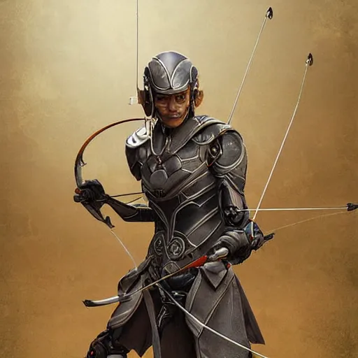 Image similar to robot archer, 8 k, highly detailed, realistic, professional art, tolkien style elf, artstation,