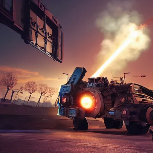 Image similar to Giant police mech fires rockets at fleeing sports car, color, cinematic lighting, highly detailed, octane render