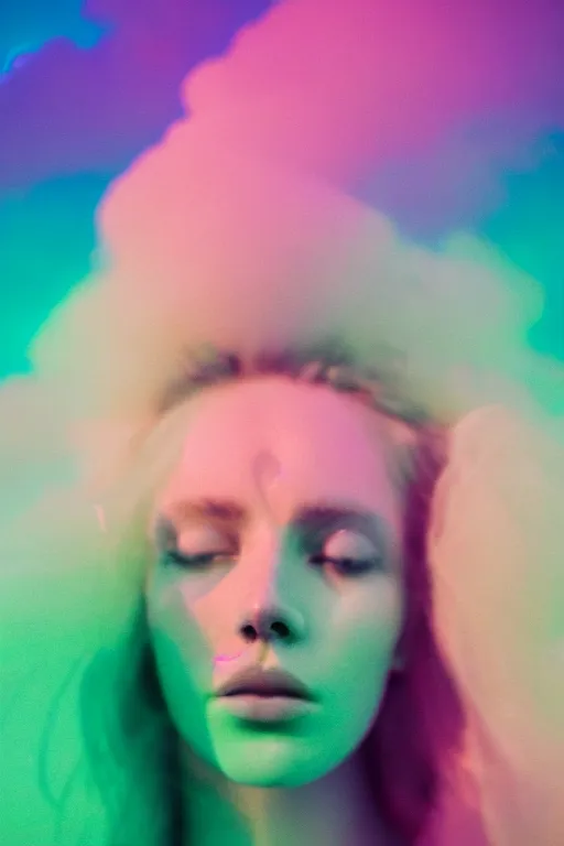 Prompt: high quality pastel coloured film close up photograph of a model in an icelandic black rock!! environment in a partially hazey dreamstate world. three point light, rainbow. photographic production. art directed. pastel colours. volumetric clouds. pastel gradient overlay. waves glitch artefacts. extreme facial silliness. 8 k. filmic.