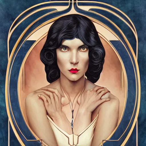 Prompt: an art nouveau, ( streamline moderne ), multi - ethnic and multi - racial portrait in the style of charlie bowater, and donato giancola, and charles dulac. very large, clear, expressive and intelligent eyes. symmetrical, centered, ultrasharp focus, dramatic lighting, photorealistic digital matte painting, intricate ultra detailed background.