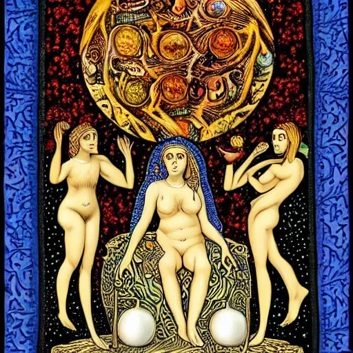 Prompt: by emek golan casual. the computer art shows venus seated on a crescent moon. she is surrounded by the goddesses ceres & bacchus, who are both holding cornucopias.