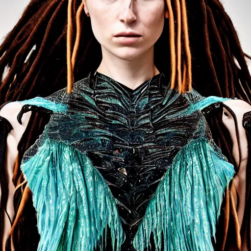 Image similar to intricate detail, haute couture, iris van herpen, mugler, techno mystic, inanna ashteroth with aqua neon rapunzel dreadlocks, nautical siren, princess intergalactica, gateway to futurisma