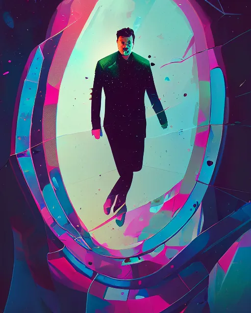 Prompt: shattered glass retro stylized portrait of Elon Musk, cracked obsidian geometric fantasy art, splattering black gold iridescent bubbly underwater scenery, greg rutkowski, loish, rhads, makoto shinkai, lois van baarle, ilya kuvshinov