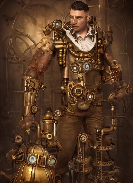 Image similar to steampunk bioshock jeff bezos is a muscular bodybuilder, au naturel, hyper detailed, digital art, trending in artstation, cinematic lighting, studio quality, smooth render, unreal engine 5 rendered, octane rendered, art style by klimt and nixeu and ian sprigger and wlop and krenz cushart.