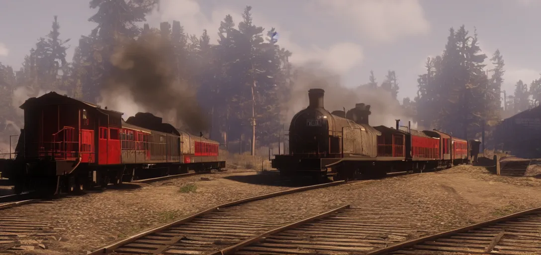 Image similar to A train in red dead redemption 2, pre-rendered cutscene, high quality image, widescreen, 8k, octane render