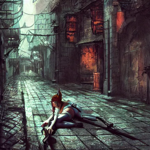 Prompt: A female knight lying on the ground in a dark, rainy alley. Color page, 4K, tone mapping, doll, Akihiko Yoshida, James_Jean_Andrei_Riabovitchev_Marc_Simonetti, Yoshitaka Amano, digital illustration