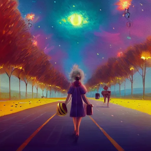 Image similar to giant daisy flower head, woman walking in a modern city, surreal photography, night sky, dark, stars, impressionist painting, digital painting, artstation, simon stalenhag