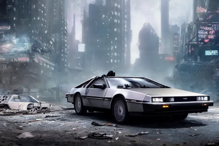 Image similar to highly detailed photorealistic rendering of a delorean parked on the streets of a cyberpunk abandoned city with the door open, futuristic post - apocalyptic vibe, by greg rutkowski and stanley artgerm and alphonse mucha, octane, sharp focus, hyperrealistic, unreal engine 5, vray, masterpiece