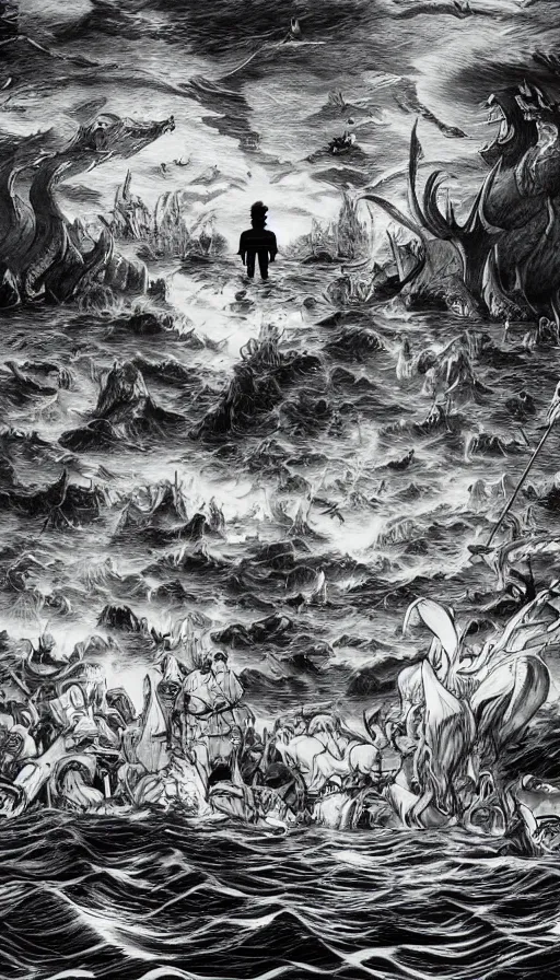 Image similar to man on boat crossing a body of water in hell with creatures in the water, sea of souls, by wit studio