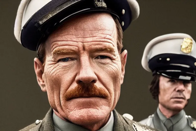 Prompt: close-up of  Bryan Cranston as a policeman in the new movie directed by Wes Anderson, movie still frame, promotional image, symmetrical shot, idiosyncratic, relentlessly detailed, limited colour palette