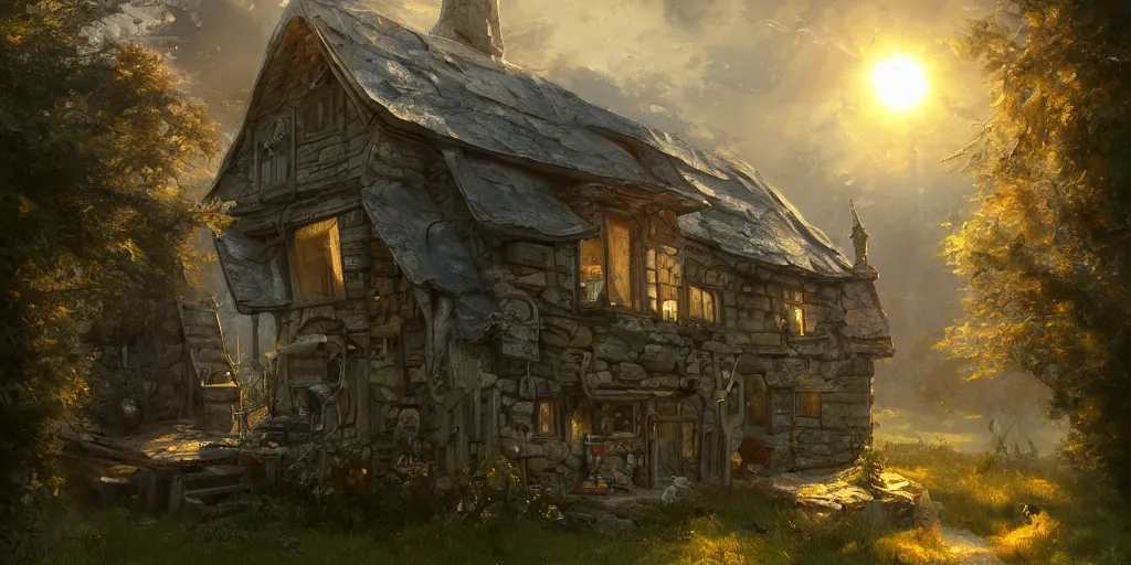 Prompt: small house of an inventor, fantasy steamunk elements, barn, sand, shining sun, river, magic, sunlight rays, with trees and plants around Darek Zabrocki, Karlkka, trending on Artstation, 8K