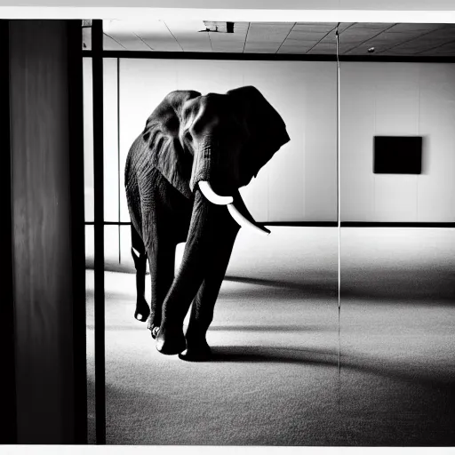 Prompt: photo of elephant staying in the empty office, black & white by annie leibovitz