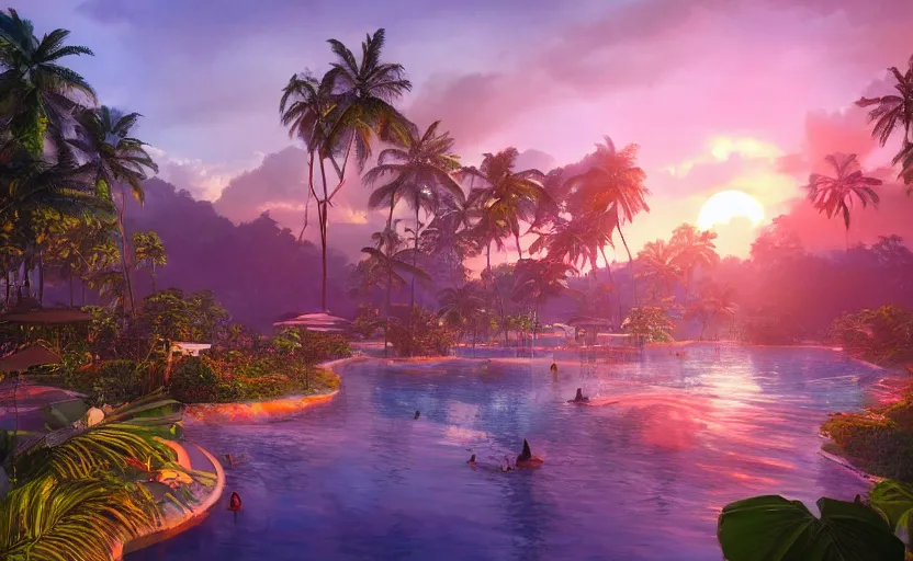 Prompt: a tropical resort in a jungle paradise, with a beautiful red and blue sunset, dynamic lighting, photorealistic fantasy concept art, trending on art station, stunning visuals, creative, cinematic, ultra detailed, ray tracing, sun rays