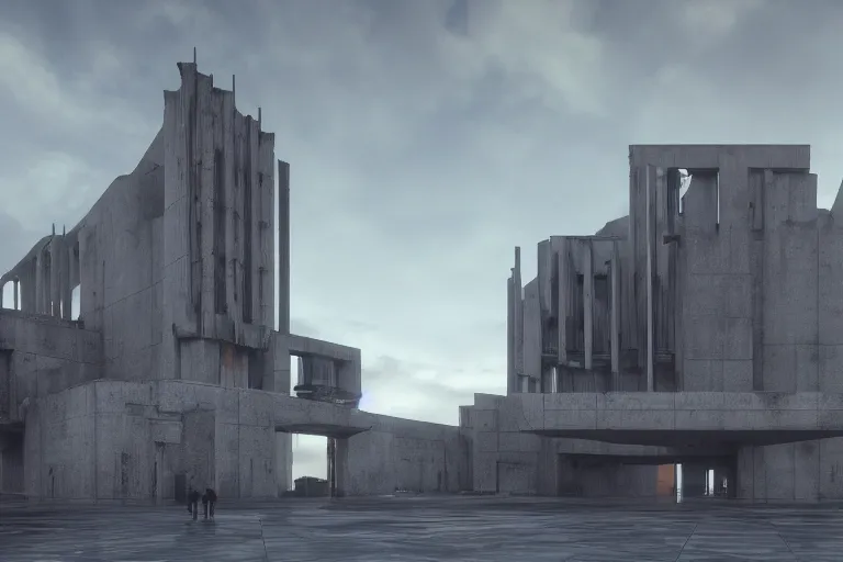 Image similar to extremely detailed cathedral of brutalist architecture, stunning volumetric light, sunset, metal, concrete and translucent material, stunning skies, trending on Artstation, 8k, photorealistic, hyper detailed, unreal engine 5, IMAX quality, cinematic, epic lighting, in the style of Greg Rutkowski