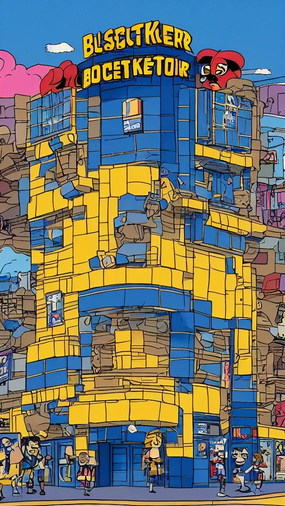 Image similar to blockbuster building in the style of a 90s cartoon
