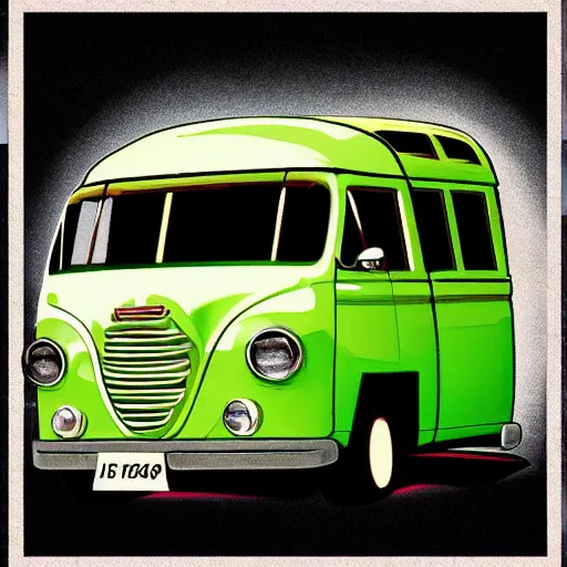 Image similar to retro painting illustration of a volswagen van, 2 d, pastel color, green, yellow, red, retro style art, trendy on artstation