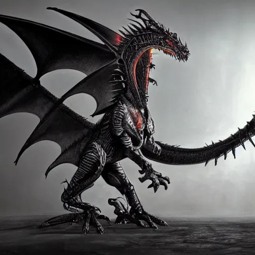 Prompt: cyborg dragon breathing fire concept art by H.R. Giger, extremely detailed, centered, full body 4k