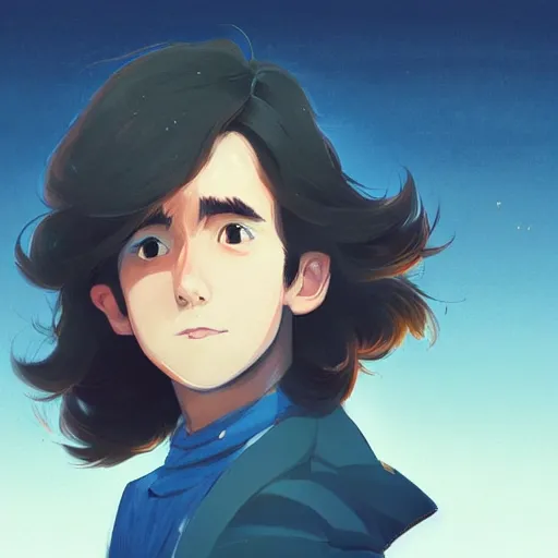 Image similar to portrait of a boy with long fluffy brown hair. blue background. digital art, procreate, stylized, by rossdraws, ghibli, greg rutkowski