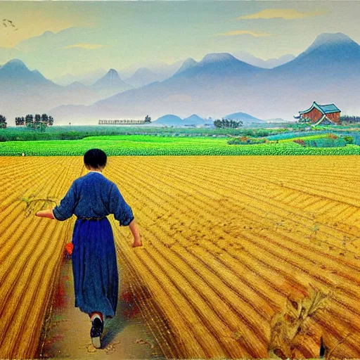Image similar to cat farmer, walking in the wheat field, nature landscape on the background, fenghua zhong, sharp deep, oil art