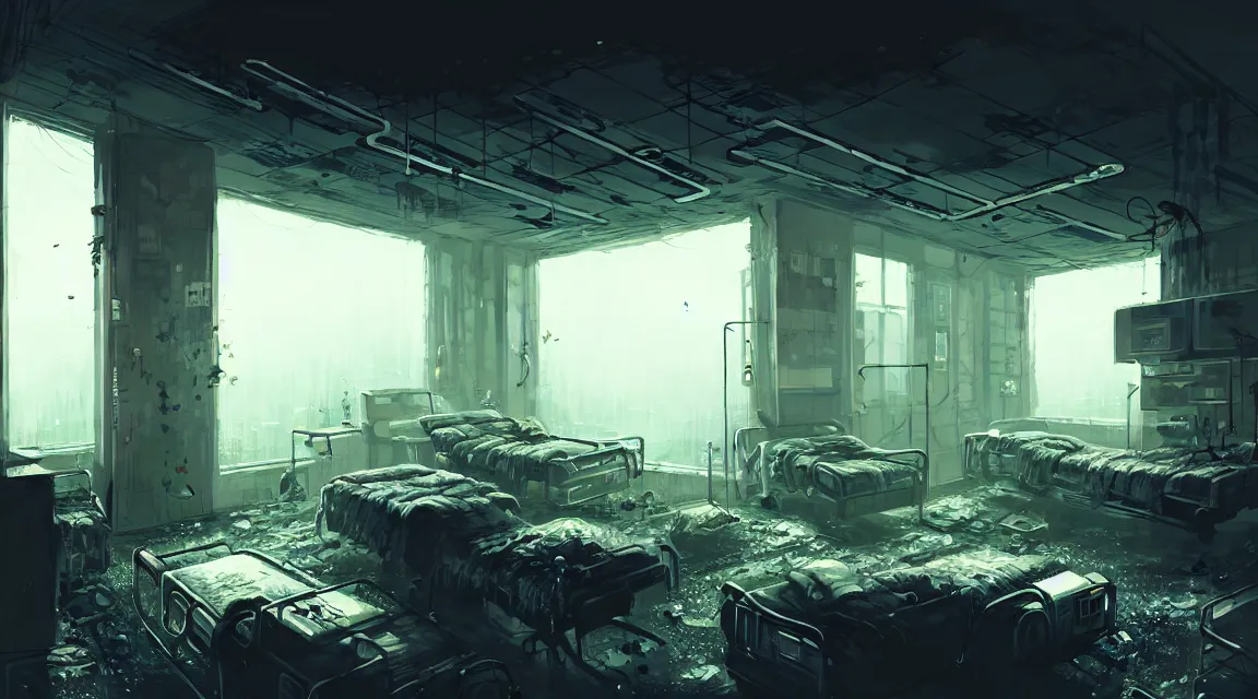 Image similar to post apocalyptic room interior, hospital interior, human silhouette, furniture, interior decoration, by pascal blanche, neil blevins, trending on artstation, photorealistic, hyper detailed, hyper realistic, cyberpunk