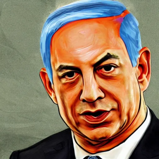 Image similar to a badly painted portrait of benjamin netanyahu