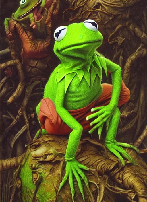 Image similar to portrait of kermit the frog in critters ( 1 9 8 6 ), highly detailed, centered, solid color background, digital painting, artstation, concept art, smooth, sharp focus, illustration, artgerm, donato giancola, joseph christian leyendecker, les edwards, ed repka, greg rutkowski, wlop, artgerm