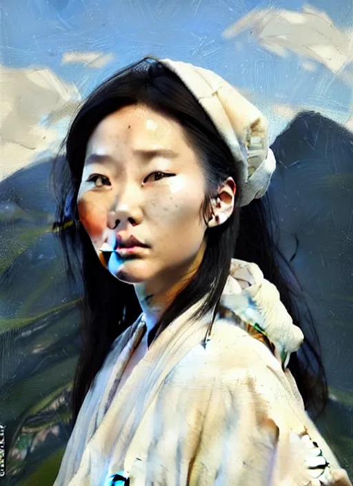 Image similar to portrait of Mulan in white cloth, countryside, fantasy character portrait, dynamic pose, above view, view from above, sunny day, thunder clouds in the sky, artwork by Jeremy Lipkin and Giuseppe Dangelico Pino and Michael Garmash and Rob Rey, very coherent symmetrical artwork, perfect face, simple form, 100mm