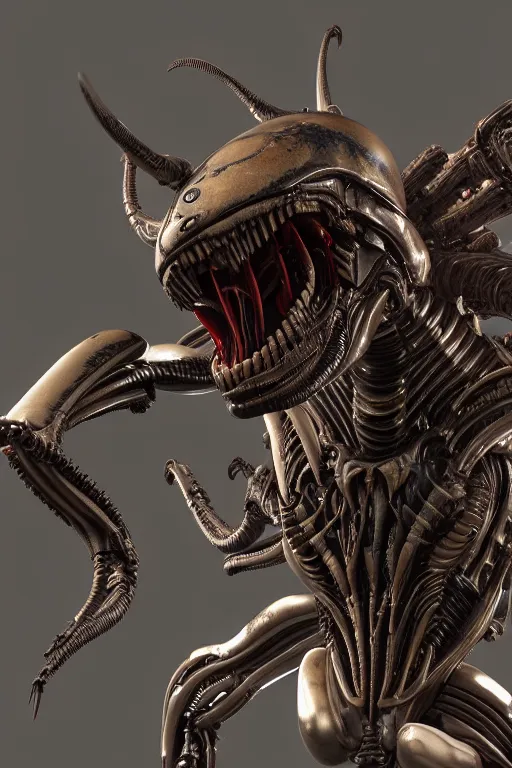 Image similar to detailed intricate biomechanical xenomorph artifact on display, cinematic render