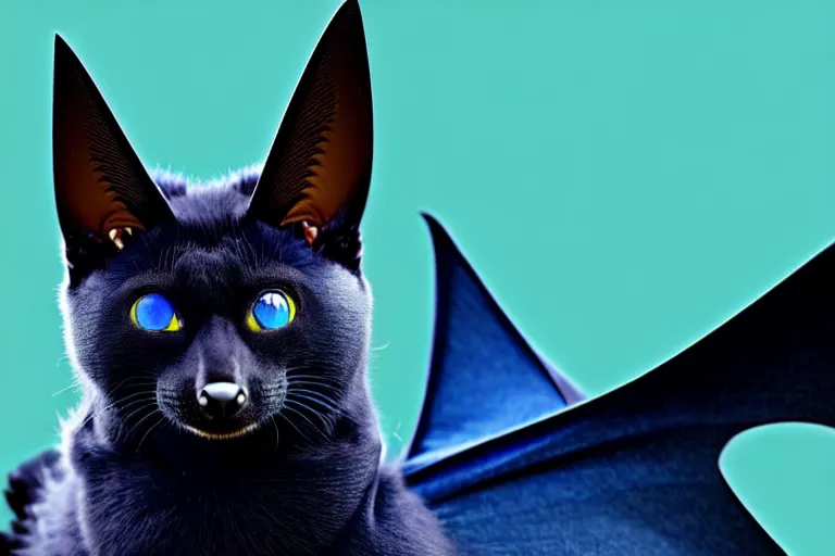 Image similar to a blue - and - black male catbat fursona with blue / green heterochromatic eyes ( differently - colored eyes, one green, one blue ) and huge bat ears, photo of the catbat streaming on his computer