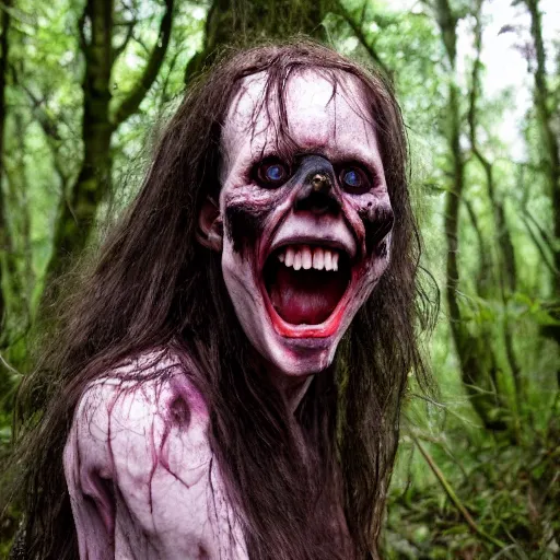 Image similar to horror, hd photography, matted hair, rotten figure, bony, grinning, long tongue, crawling through undergrowth in a dense forest in daytime, wide eyes