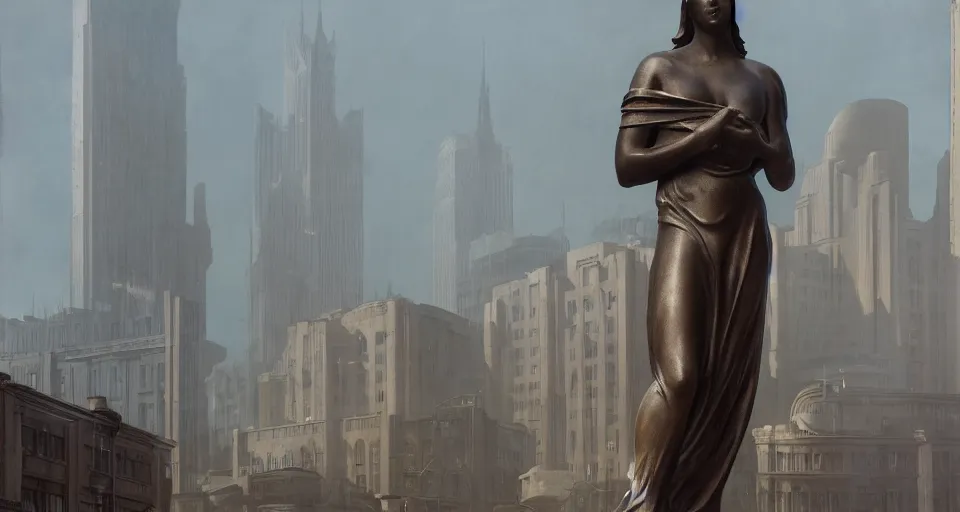 Image similar to bronze statue stands in the city center. art deco architecture. photorealism, soft light, morning. by greg rutkowski, frank lloyd wright, michelangelo. hyperrealism, dusty, moody, high detail, artstation, digital painting, octane render, tonal color scheme.