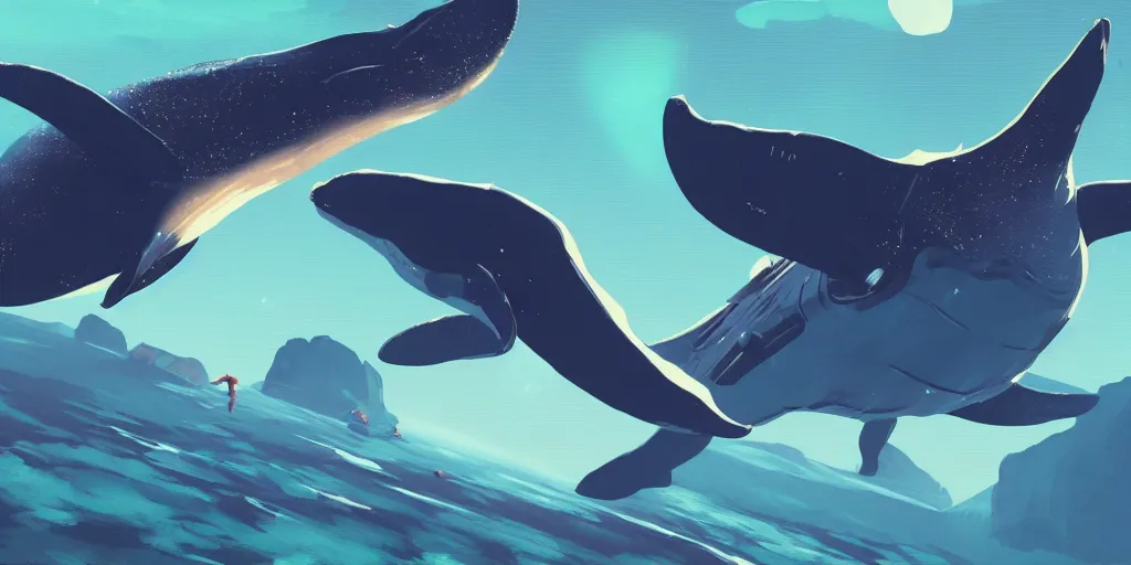 Image similar to no mans sky concept art of flying whale, space whale