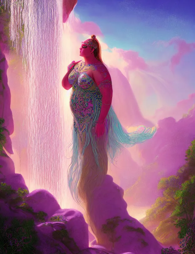 Prompt: full - figured techno - embroidered androgynous human decorated with filigree and beads walks by a waterfall in the sky, safe for work, vivid pastel color scheme, by award - winning concept artist, dynamic composition, backlighting, radiant light