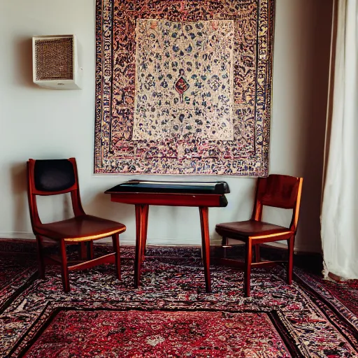 Image similar to a room with a chair, a table, a speaker and a persian carpet, unsplash, postminimalism, aesthetic, cluttered