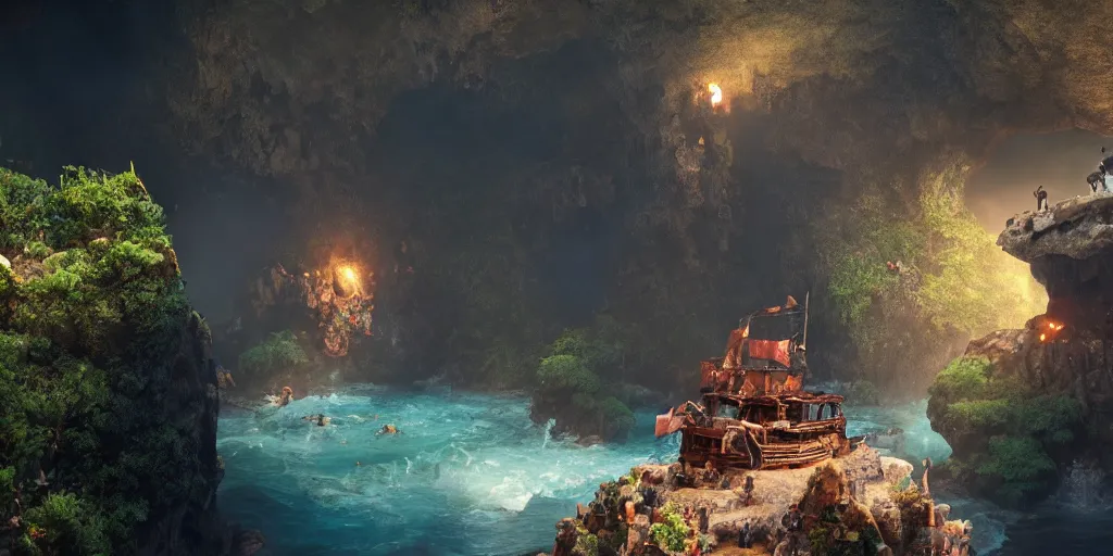 Image similar to a film still from uncharted by craig mullins, of a hidden pirate ship in a volcanic waterfall cave from, medium shot, waist up, studio ghibli, pixar and disney animation, sharp, rendered in unreal engine 5, bloom, dramatic lighting