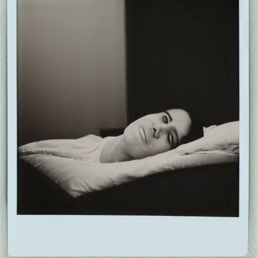 Image similar to Polaroid photography of a pale smiling face floating ominously at the end of a bed