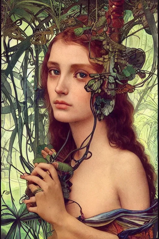 Image similar to realistic detailed portrait of bohemian girl in jungle by denis villeneuve, amano, yves tanguy, alphonse mucha, ernst haeckel, max ernst, roger dean, ridley scott, dynamic closeup