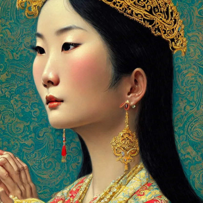Image similar to close up portrait of the elegantly beautiful, sophisticated, slender rich vietnamese princess, imagining the rings of saturn. intricate eye detail focus, baroque, batik, by norman rockwell, range murata jeremy lipking, trending on pinterest, vivid 8 k sharp depth of field, pristine global illumination, smooth 3 d, wallpaper quality.