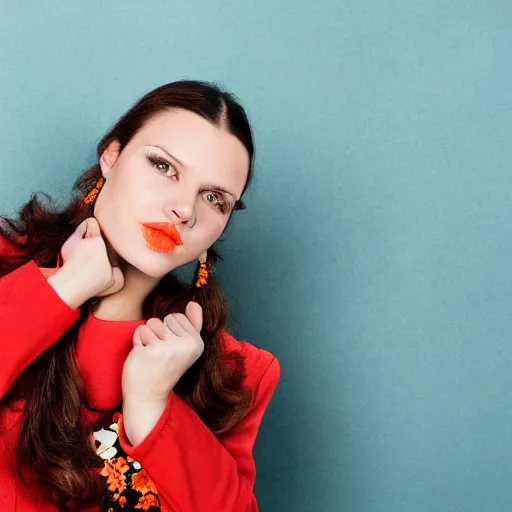 Prompt: portrait of a woman with flower tatoos, brown hair tied, red jacket and orange background, studio lighting