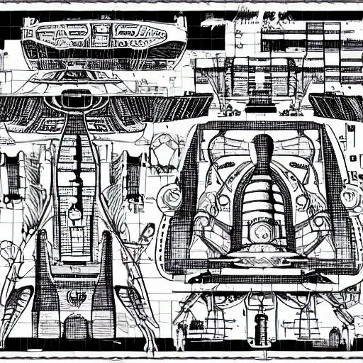 Image similar to black and white spaceship blueprint aliens