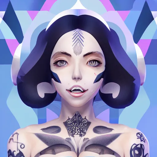 Image similar to full body character, beautiful anime woman smiling, symmetrical eyes, symmetrical face, symmetrical nose, tattooed, geometric lighting : : octane render, 8 k resolution, high quality, digital art, fantasy