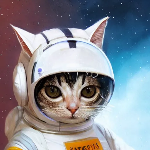 Image similar to head and shoulders masterpiece portrait of a cute adorable cat wearing a spacesuit, surreal background, digital art by krenz cushart, trending on artstation, cgsociety,