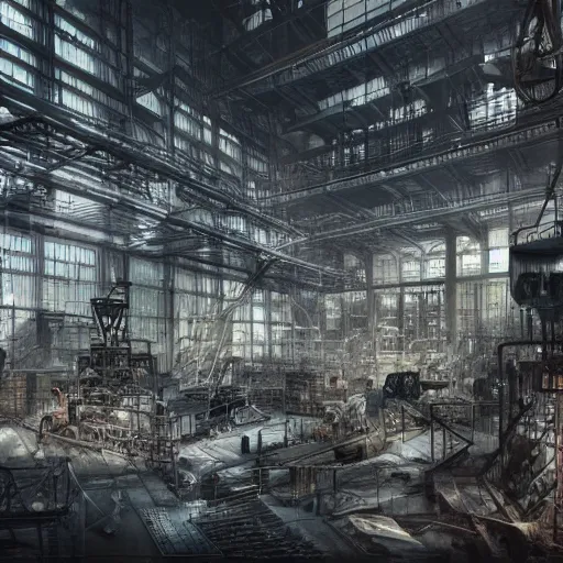 Image similar to immense industrial building interior filled with dark machines of skin bone and wires and arcane devices, hyperdetailed, matte painting