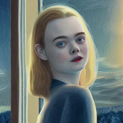 Prompt: Elle Fanning, head and shoulders masterpiece, apocalypse, golden hour, cosmic horror, artstation, in the style of Renaissance and Edward Hopper and Bosch, extremely detailed