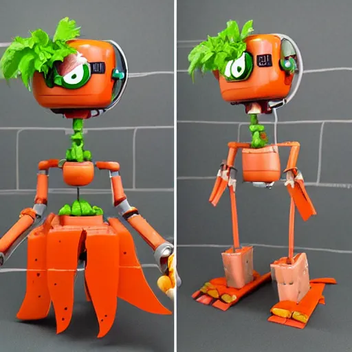 Image similar to cute robot made of vegetables, tomato head and a carrot sword, made in abyss style